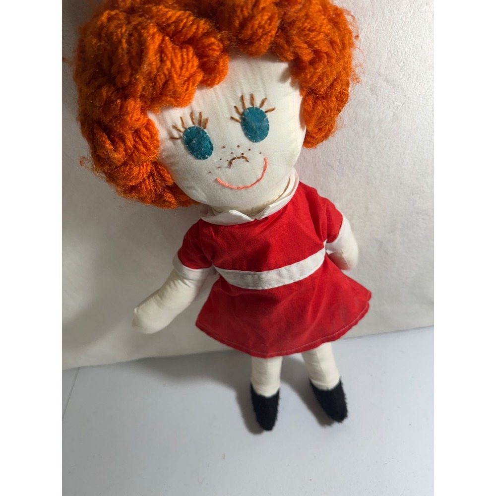 Vintage Rag Doll Red Dress Orange Yarn Hair Button‎ Eyes Girl Toy